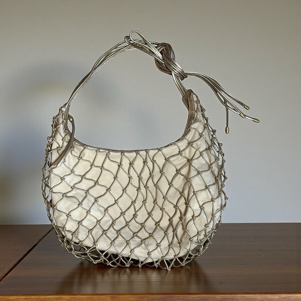 HOBO Kira Shoulder Bag Mystic Gold Leather Macrame & Canvas Handbag Purse